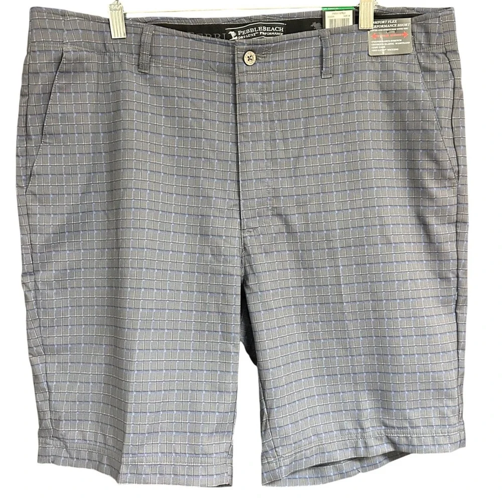 Pebble Beach Mens Dry-Luxe Performance Golf Shorts Grey Blue Grid Size 38 NWT